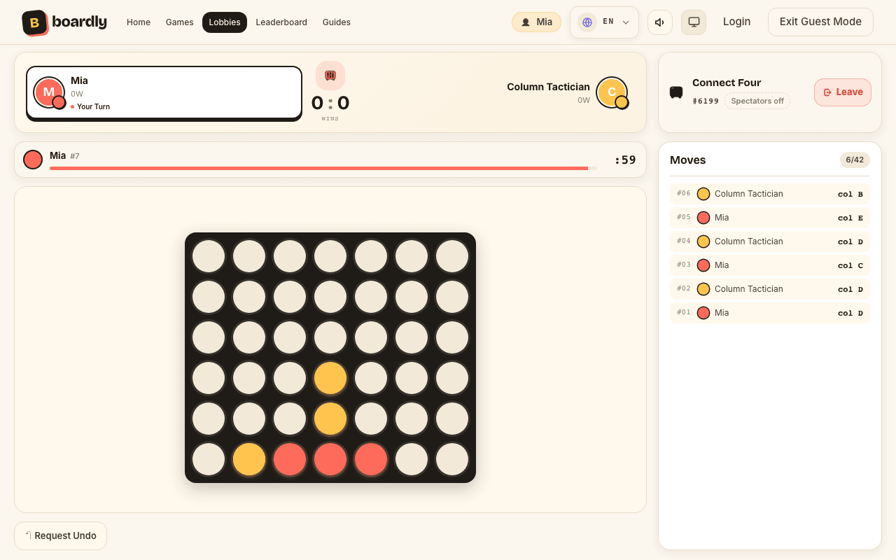 A round of Connect Four in progress on Boardly