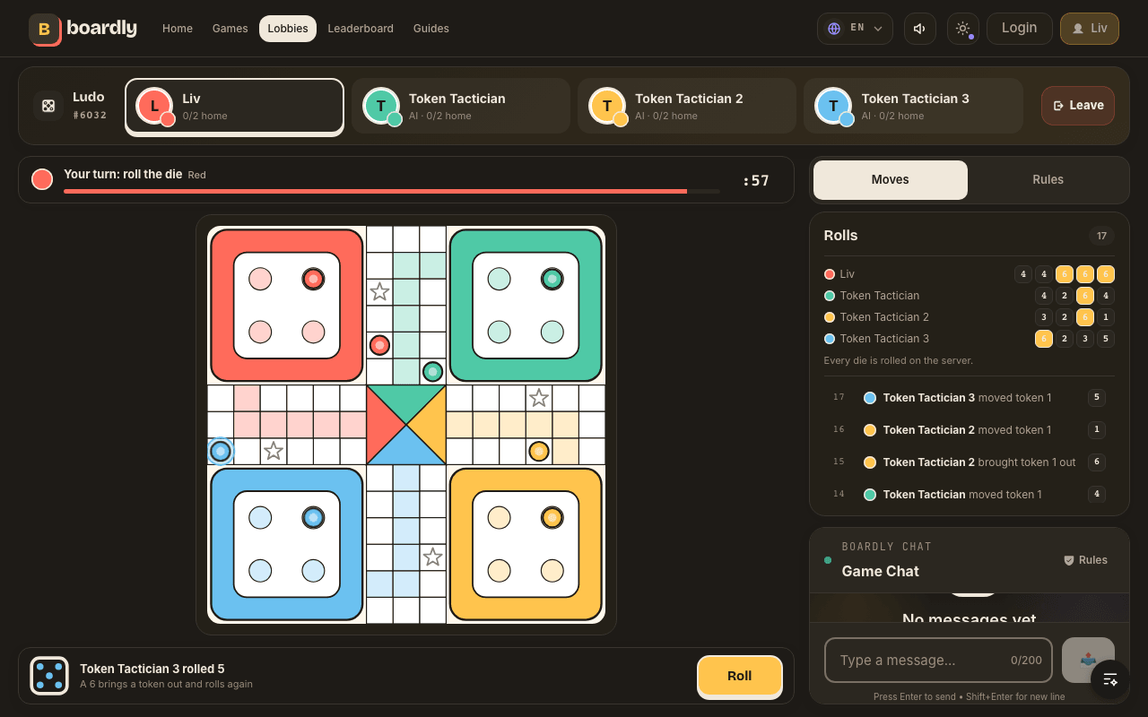 Una partida de Ludo en curso en Boardly