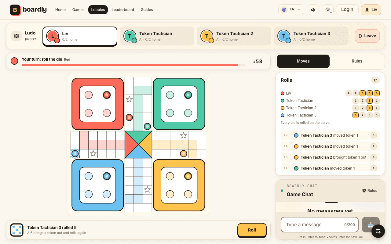 Una partida de Ludo en curso en Boardly