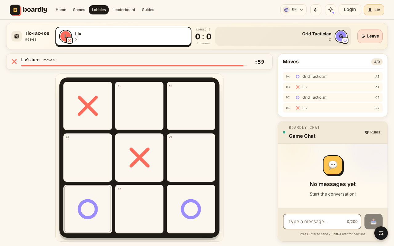 Una partida de Tres en raya en curso en Boardly
