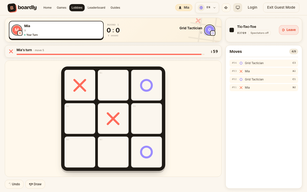 A round of Tic-Tac-Toe in progress on Boardly