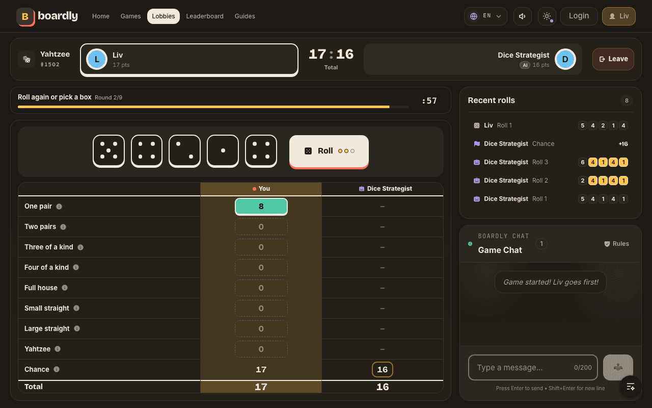 Eine laufende Runde Yahtzee auf Boardly