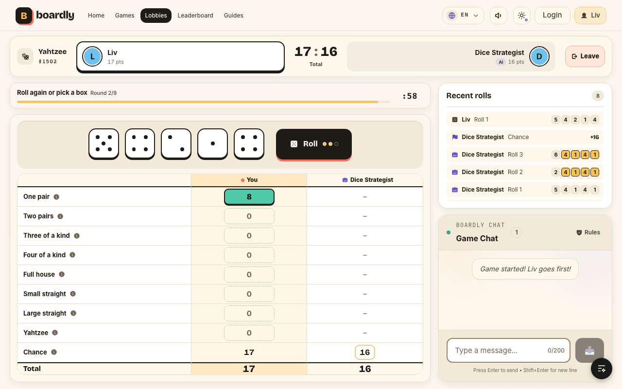 Eine laufende Runde Yahtzee auf Boardly